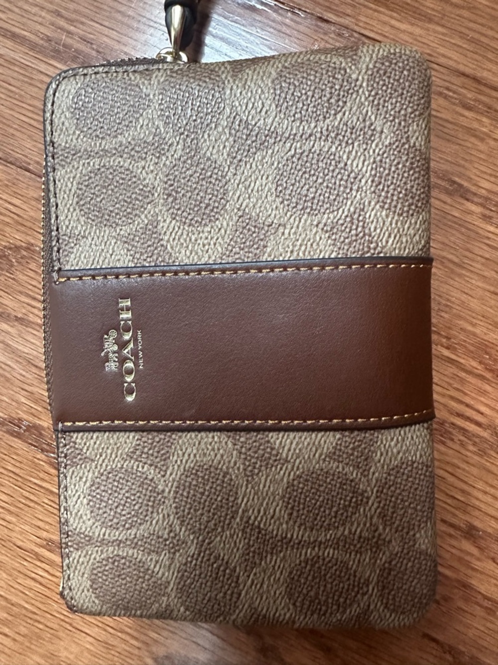 Coach Tan and Brown Signature Zip Wallet with Gold Logo